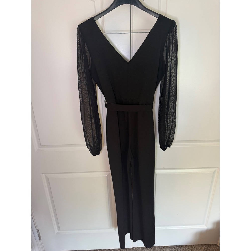 Moa Moa Black Wrap V-Neck Jumpsuit with Sheer Mesh Long Sleeves Large - Picture 5 of 5